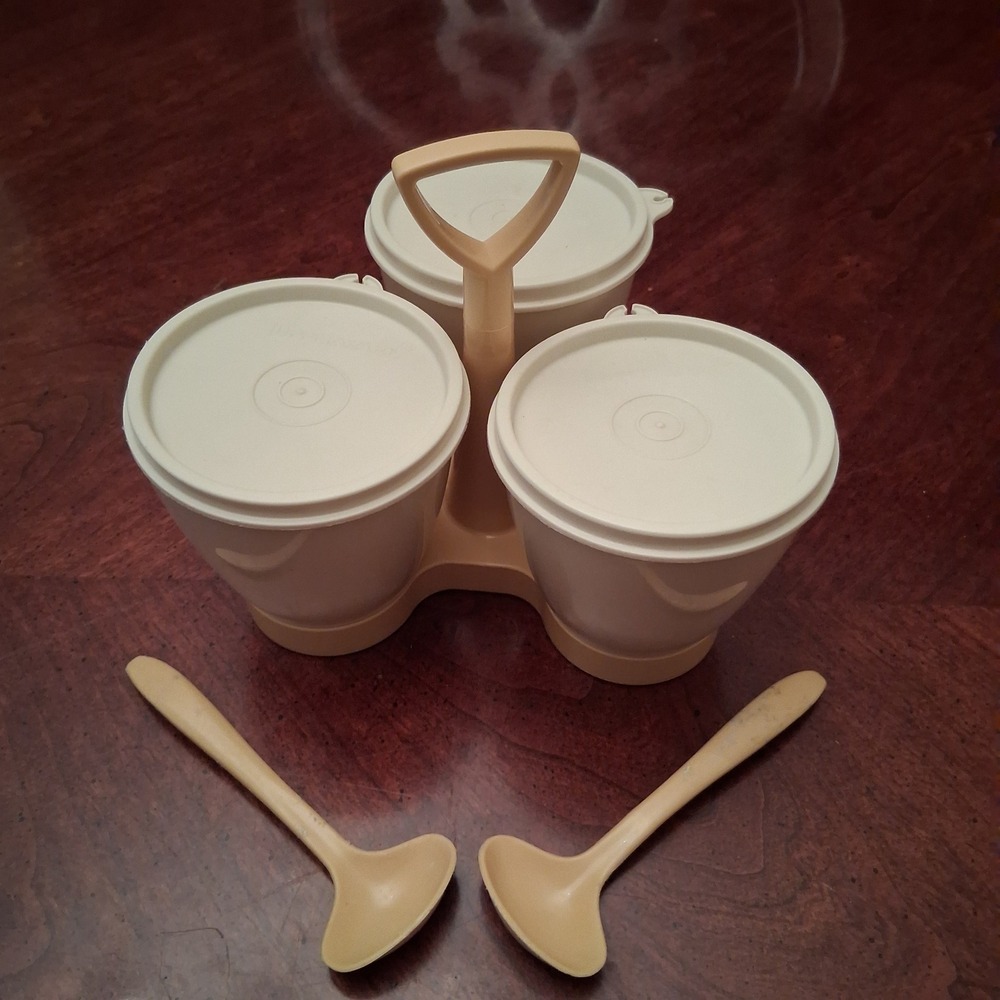 Vintage Tupperware Condiment Server Set 3 Cups Lids Spoons Caddy Cream 757 758